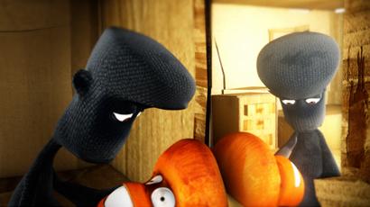 Masquerade: two dark masked figures facing a small orange character