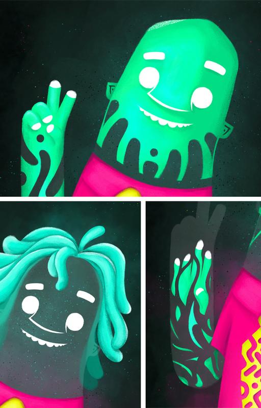 Pictoplasma: close-ups of the green character showing different expressions