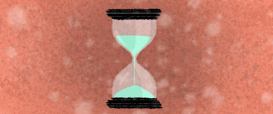 Monoton: an hourglass against a textured red background